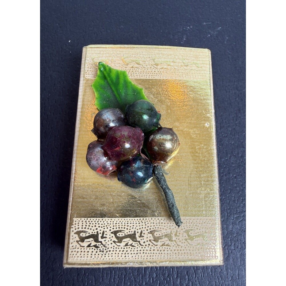 Vintage Japan Decorative Matchbox Gold Foil Purple Acrylic Grape Cluster Leaf